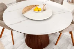 Runder Esstisch UNIQUE 120cm weiß braun Walnussholz Keramik Marmor Säulenfuß