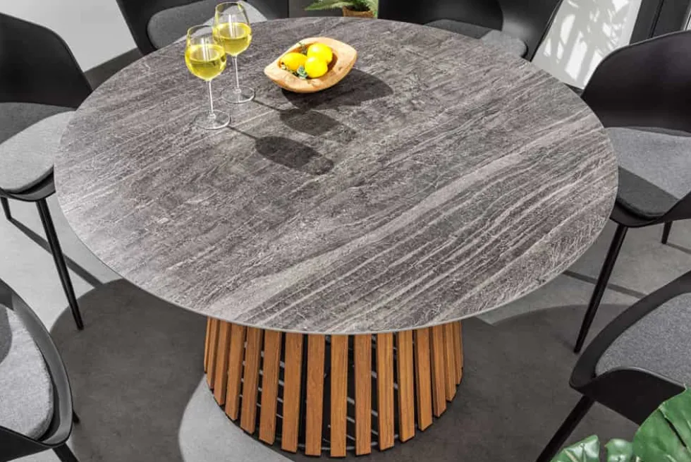 Runder Esstisch VALHALLA 115cm Keramik Lamellen-Design Indoor Outdoor