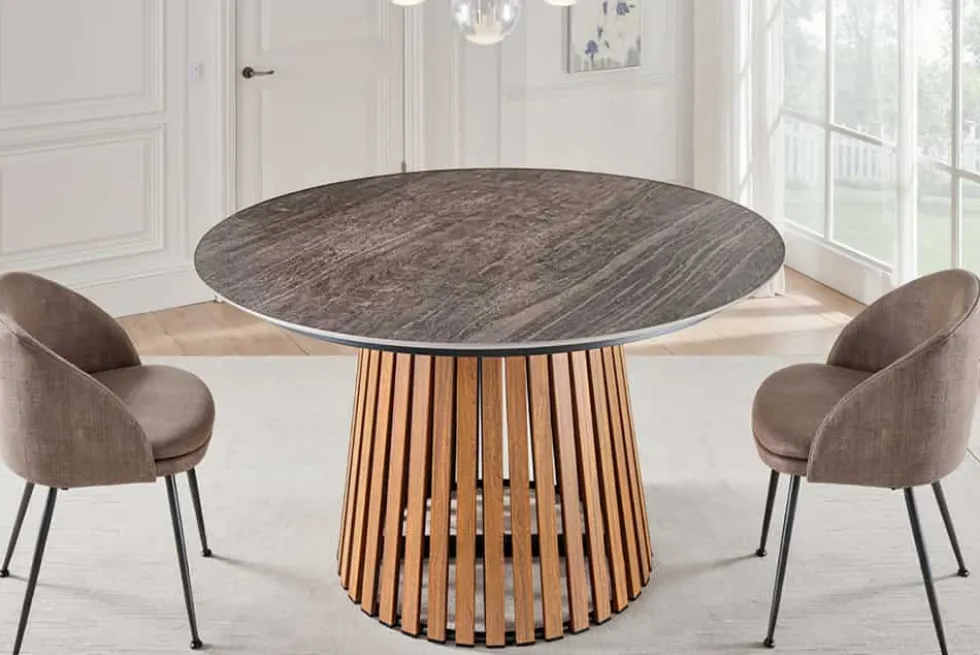 Runder Esstisch VALHALLA 115cm Keramik Lamellen-Design Indoor Outdoor
