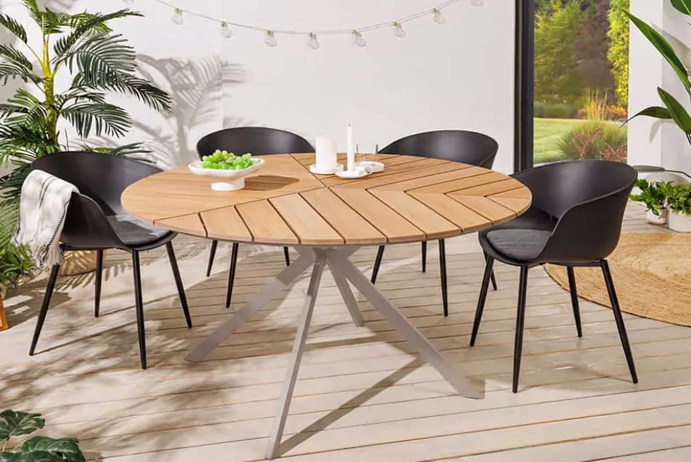 Runder Gartentisch DESIGNO 120cm natur Holz-Design greige Metall In- und Outdoor