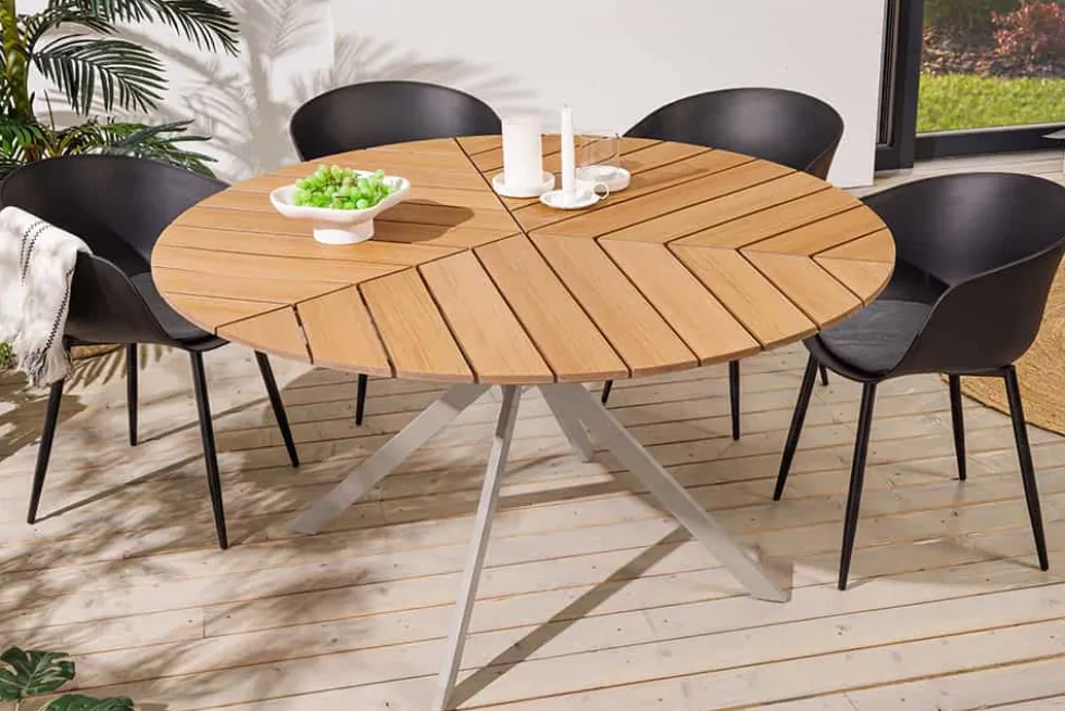 Runder Gartentisch DESIGNO 120cm natur Holz-Design greige Metall In- und Outdoor