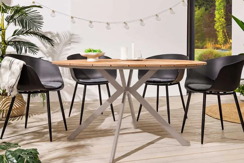 Runder Gartentisch DESIGNO 120cm natur Holz-Design greige Metall In- und Outdoor