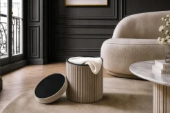 Runder Hocker ÉLAN 40cm champagner greige Samt faltbar mit Stauraum
