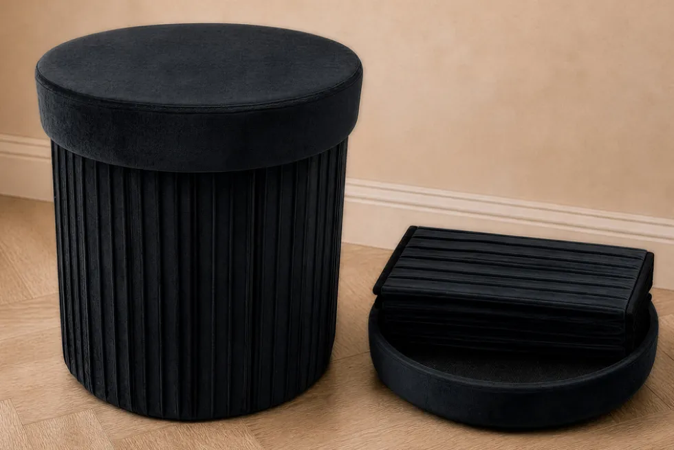Runder Hocker ÉLAN 40cm schwarz Samt faltbar mit Stauraum