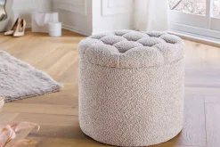 Runder Hocker MODERN BAROCK 50cm champagner Bouclé mit Stauraum