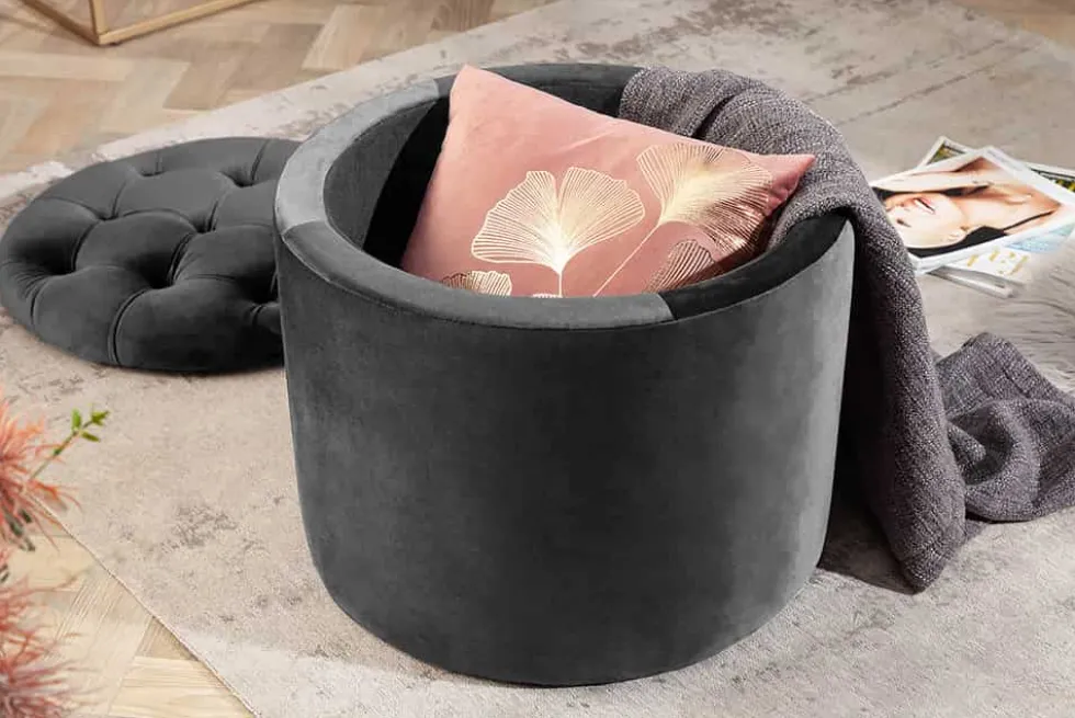 Runder Hocker MODERN BAROCK 50cm grau Samt mit Stauraum