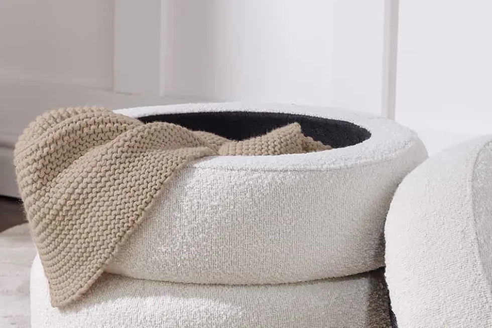 Runder Hocker VOGUE 50cm creme weiß Bouclé Polsterhocker mit Stauraum