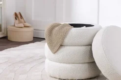 Runder Hocker VOGUE 50cm creme weiß Bouclé Polsterhocker mit Stauraum