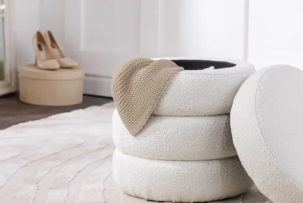 Runder Hocker VOGUE 50cm creme weiß Bouclé Polsterhocker mit Stauraum