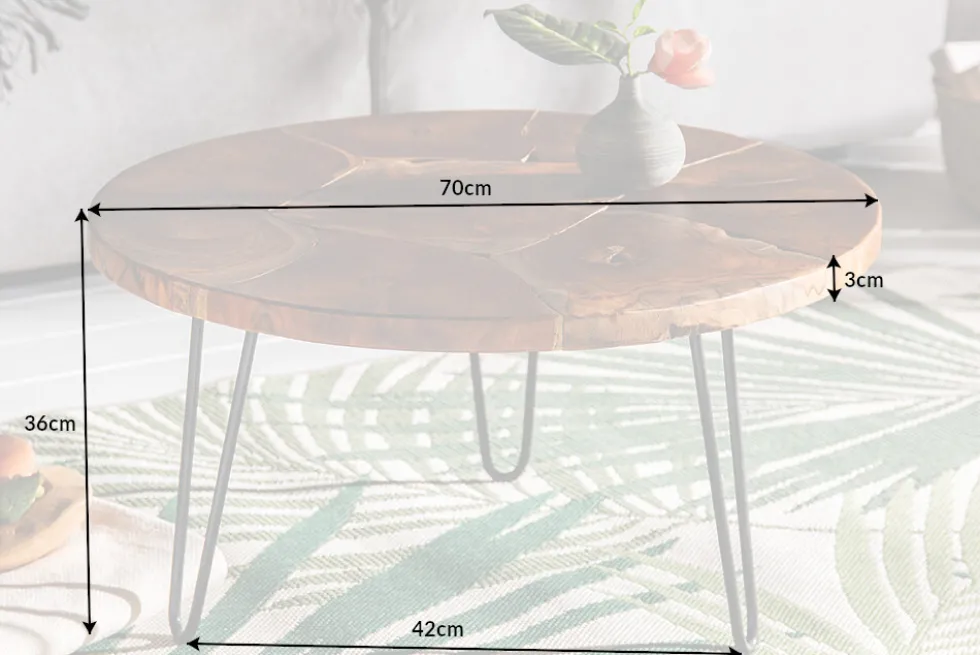 Runder Massivholz Couchtisch MOSAIK 70cm natur Teak Hairpin Legs schwarz Metall handmade