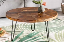 Runder Massivholz Couchtisch MOSAIK 70cm natur Teak Hairpin Legs schwarz Metall handmade