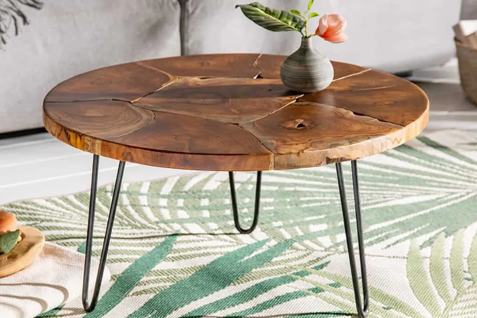 Runder Massivholz Couchtisch MOSAIK 70cm natur Teak Hairpin Legs schwarz Metall handmade