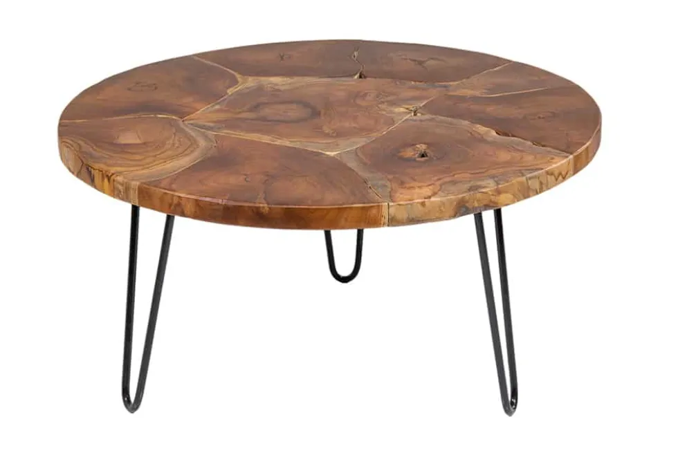Runder Massivholz Couchtisch MOSAIK 70cm natur Teak Hairpin Legs schwarz Metall handmade