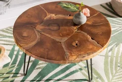 Runder Massivholz Couchtisch MOSAIK 70cm natur Teak Hairpin Legs schwarz Metall handmade