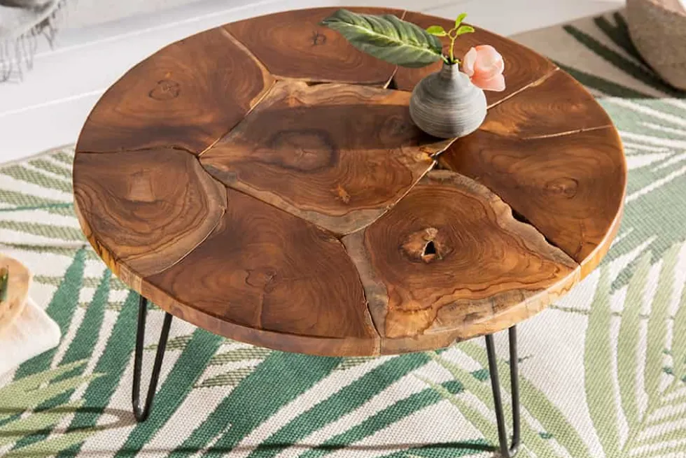 Runder Massivholz Couchtisch MOSAIK 70cm natur Teak Hairpin Legs schwarz Metall handmade