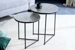 Rundes 2er Set Beistelltisch ELEMENTS 50cm silber antik Krokodil-Design handmade