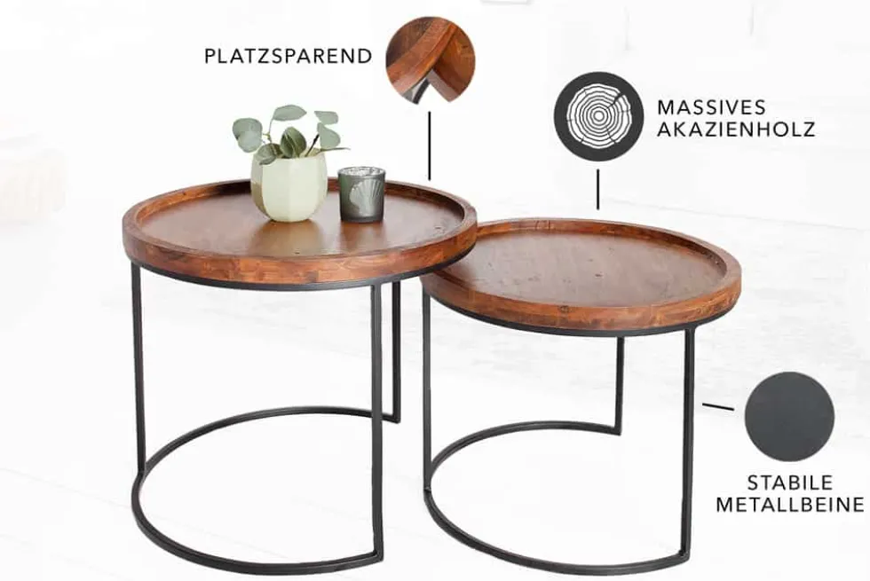 Rundes 2er Set Beistelltische ELEMENTS 55cm Akazie stone finish Metall schwarz