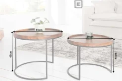Rundes 2er Set Beistelltische ELEMENTS 55cm Akazie stone finish Metall schwarz