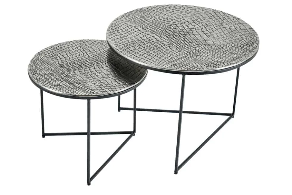 Rundes 2er Set Couchtisch ELEMENTS 60cm silber antik Krokodil-Design handmade
