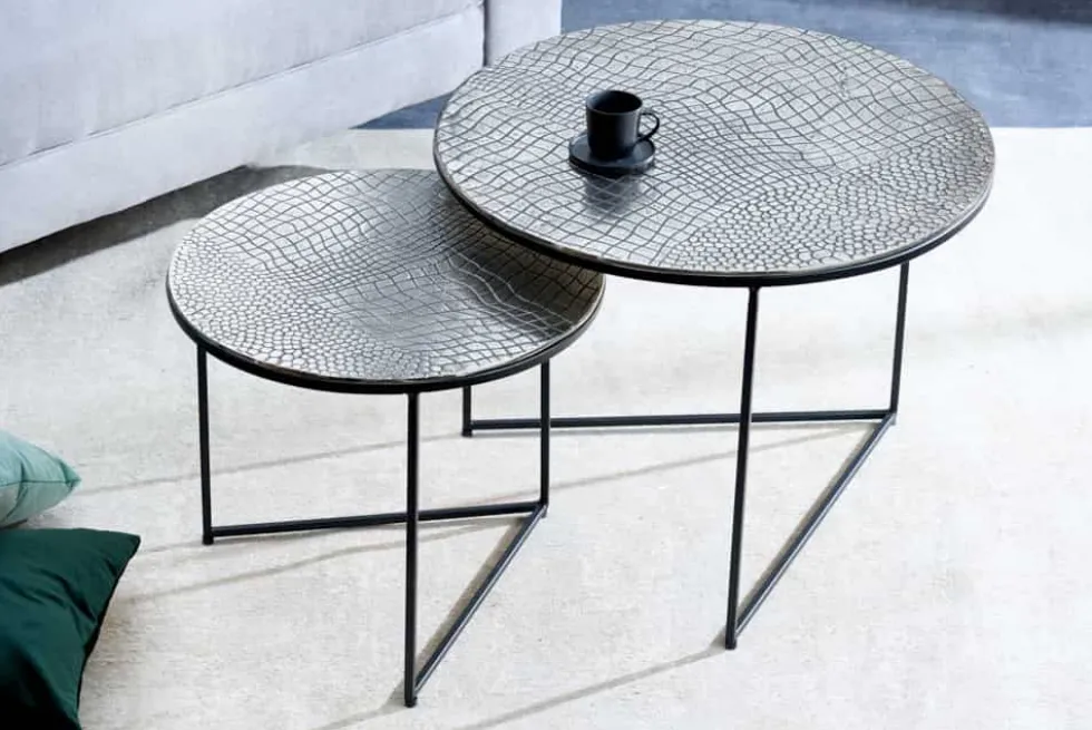 Rundes 2er Set Couchtisch ELEMENTS 60cm silber antik Krokodil-Design handmade