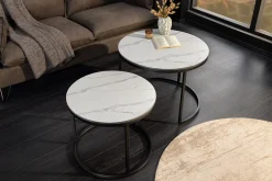 Rundes 2er Set Couchtische ELEGANCE 75cm weiß Keramik schwarz Metall
