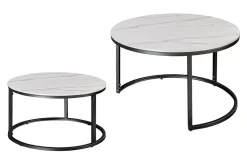 Rundes 2er Set Couchtische ELEGANCE 75cm weiß Keramik schwarz Metall
