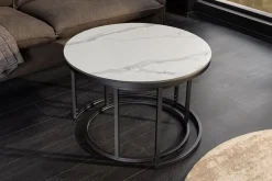Rundes 2er Set Couchtische ELEGANCE 75cm weiß Keramik schwarz Metall