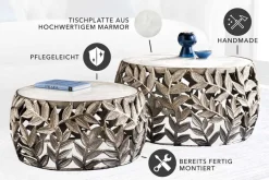 Rundes 2er Set Couchtische ABSTRACT LEAF 70cm weiß silber Marmor Metall Blatt-Design