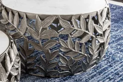 Rundes 2er Set Couchtische ABSTRACT LEAF 70cm weiß silber Marmor Metall Blatt-Design