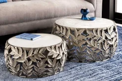 Rundes 2er Set Couchtische ABSTRACT LEAF 70cm weiß silber Marmor Metall Blatt-Design