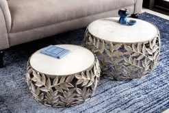 Rundes 2er Set Couchtische ABSTRACT LEAF 70cm weiß silber Marmor Metall Blatt-Design