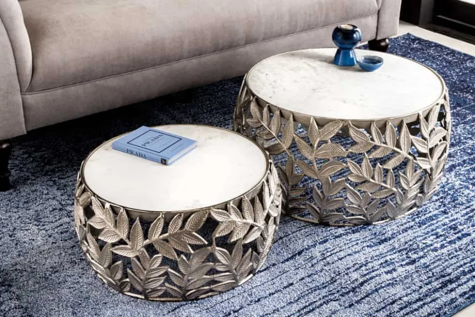 Rundes 2er Set Couchtische ABSTRACT LEAF 70cm weiß silber Marmor Metall Blatt-Design