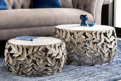 Rundes 2er Set Couchtische ABSTRACT LEAF 70cm weiß silber Marmor Metall Blatt-Design