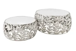 Rundes 2er Set Couchtische ABSTRACT LEAF 70cm weiß silber Marmor Metall Blatt-Design