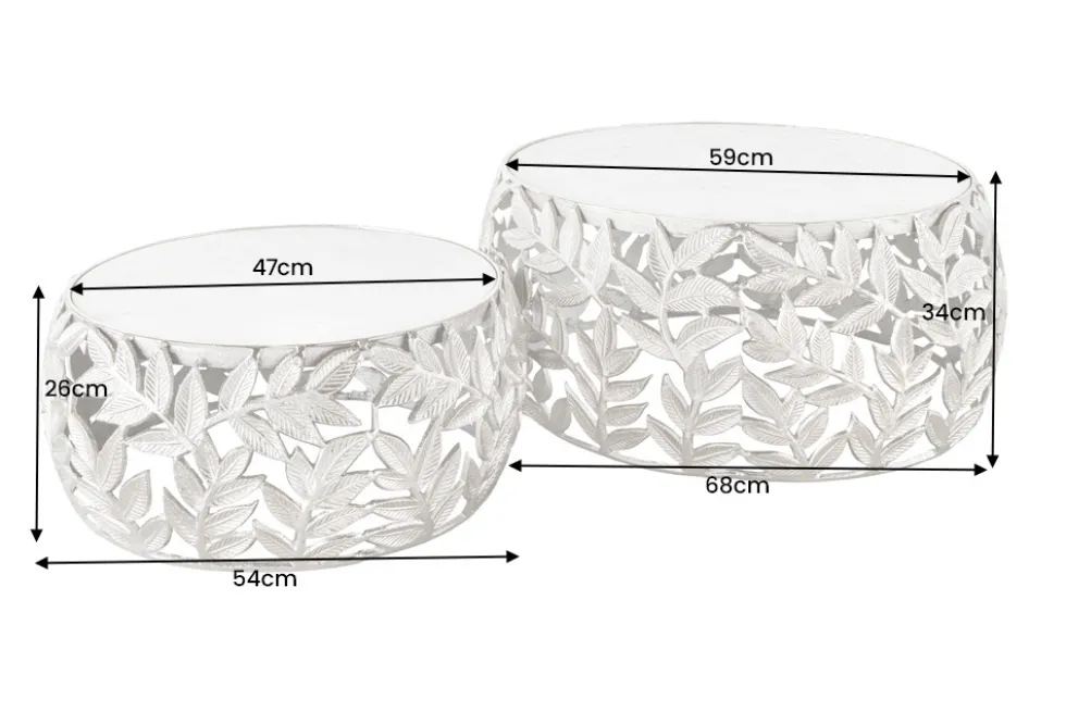 Rundes 2er Set Couchtische ABSTRACT LEAF 70cm weiß silber Marmor Metall Blatt-Design
