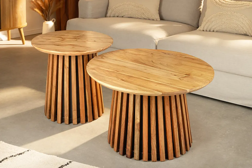 Rundes 2er Set Couchtische VALHALLA WOOD 70cm natur braun Akazie Massivholz