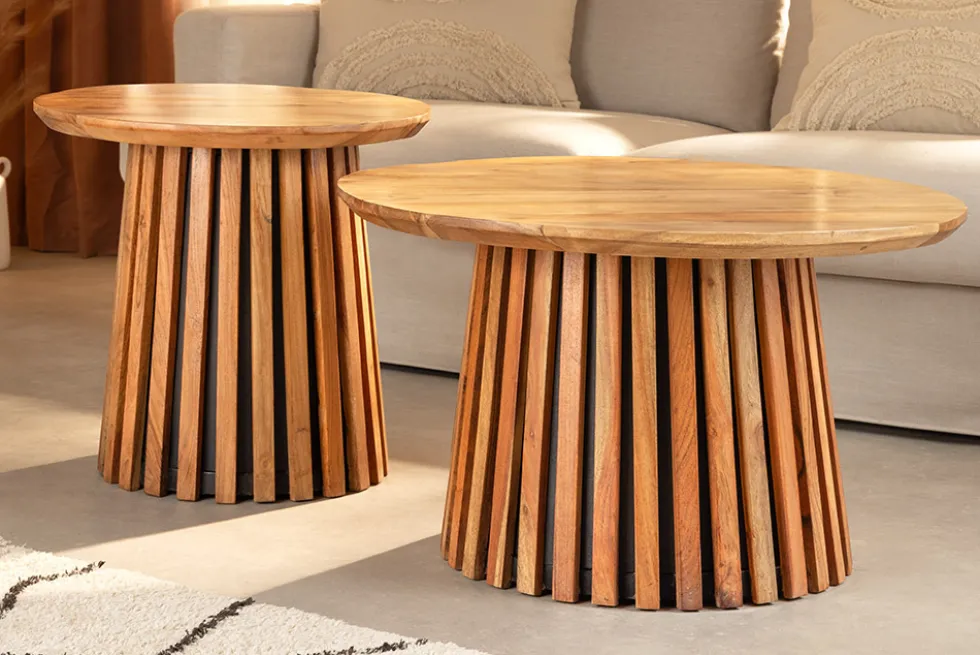 Rundes 2er Set Couchtische VALHALLA WOOD 70cm natur braun Akazie Massivholz