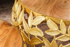 Rundes 2er Set Couchtische ABSTRACT LEAF 70cm natur gold Massivholz Akazie Metall Blatt-Design