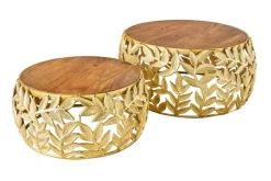 Rundes 2er Set Couchtische ABSTRACT LEAF 70cm natur gold Massivholz Akazie Metall Blatt-Design