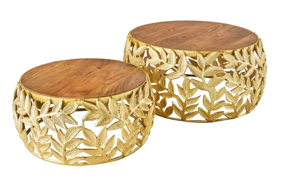 Rundes 2er Set Couchtische ABSTRACT LEAF 70cm natur gold Massivholz Akazie Metall Blatt-Design