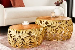 Rundes 2er Set Couchtische ABSTRACT LEAF 70cm natur gold Massivholz Akazie Metall Blatt-Design