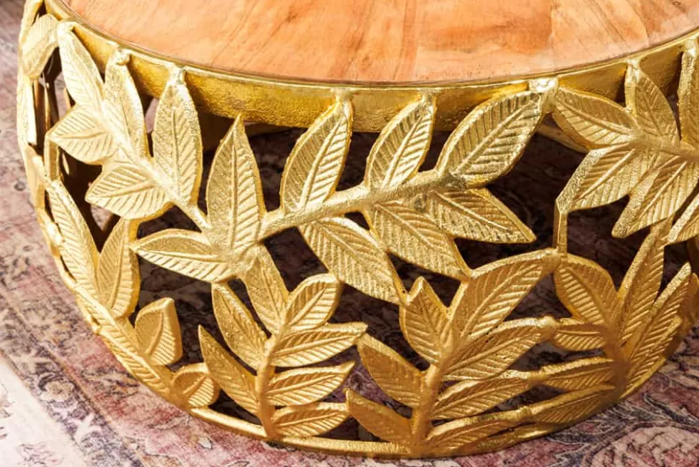 Rundes 2er Set Couchtische ABSTRACT LEAF 70cm natur gold Massivholz Akazie Metall Blatt-Design