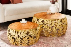 Rundes 2er Set Couchtische ABSTRACT LEAF 70cm natur gold Massivholz Akazie Metall Blatt-Design
