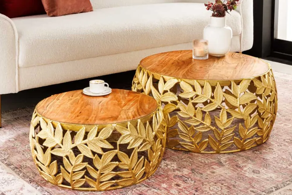 Rundes 2er Set Couchtische ABSTRACT LEAF 70cm natur gold Massivholz Akazie Metall Blatt-Design