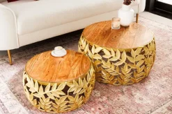 Rundes 2er Set Couchtische ABSTRACT LEAF 70cm natur gold Massivholz Akazie Metall Blatt-Design