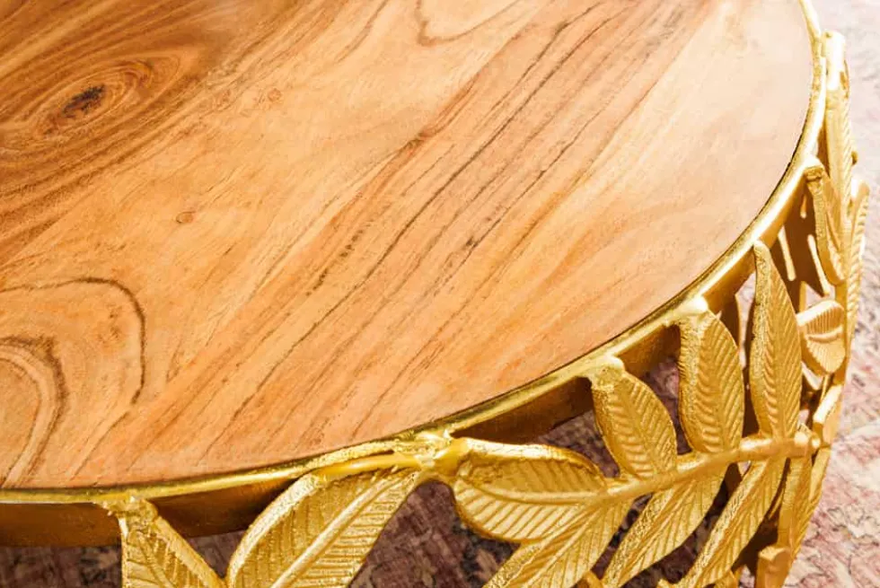 Rundes 2er Set Couchtische ABSTRACT LEAF 70cm natur gold Massivholz Akazie Metall Blatt-Design
