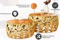 Rundes 2er Set Couchtische ABSTRACT LEAF 70cm natur gold Massivholz Akazie Metall Blatt-Design
