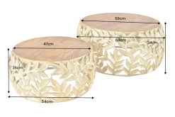 Rundes 2er Set Couchtische ABSTRACT LEAF 70cm natur gold Massivholz Akazie Metall Blatt-Design