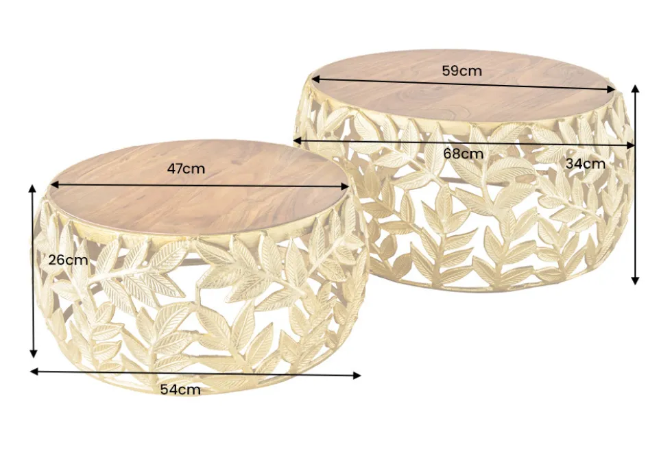 Rundes 2er Set Couchtische ABSTRACT LEAF 70cm natur gold Massivholz Akazie Metall Blatt-Design