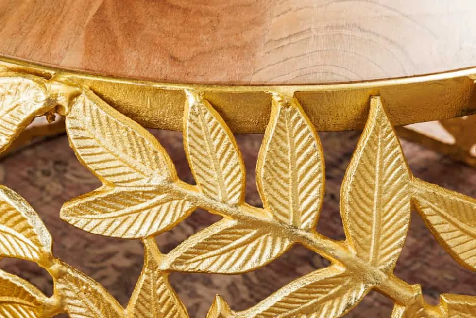 Rundes 2er Set Couchtische ABSTRACT LEAF 70cm natur gold Massivholz Akazie Metall Blatt-Design